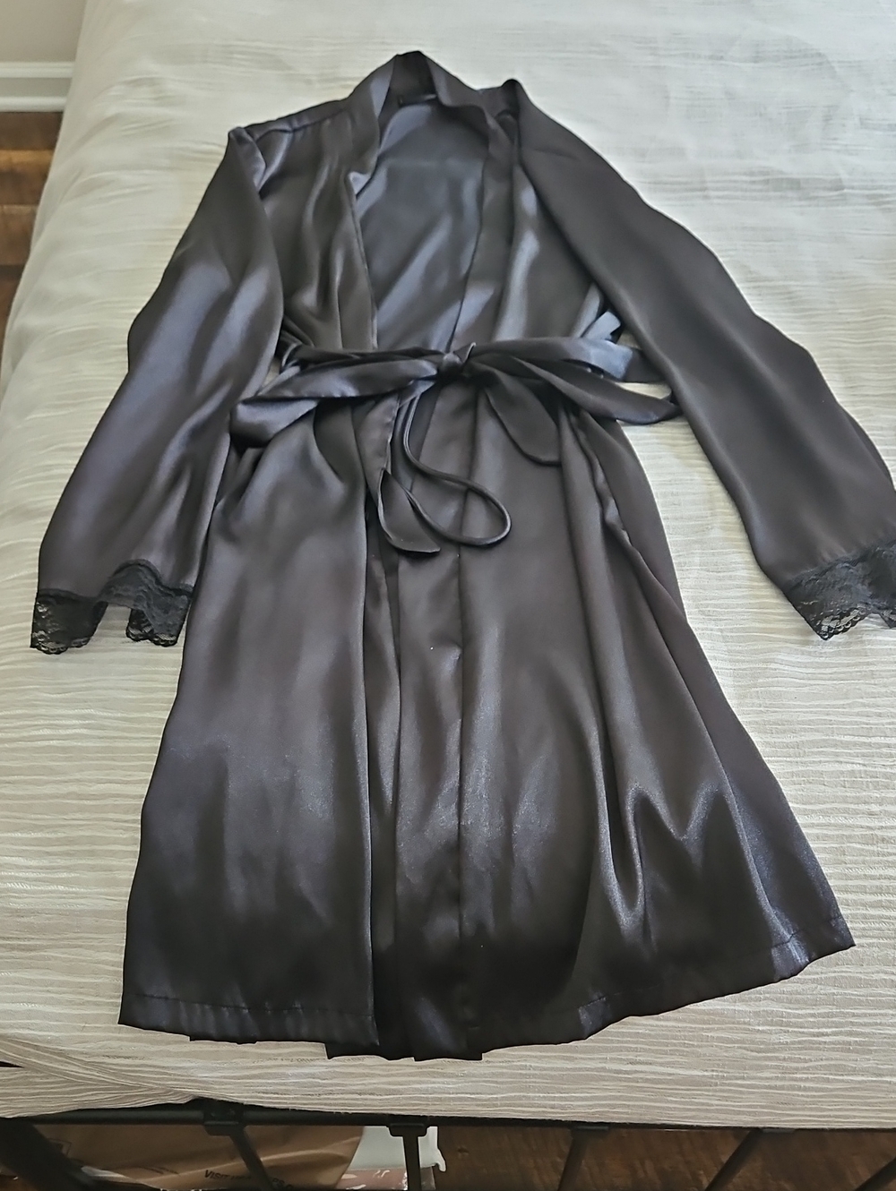 Apt. 9 Black Satin Lace-Trim Wrap Robe